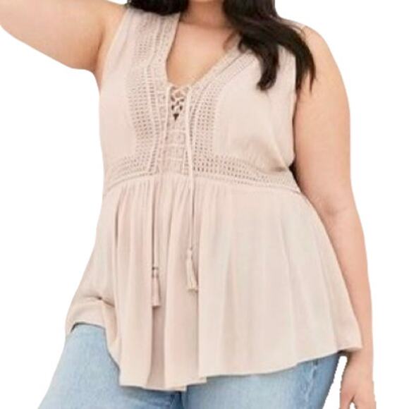 NWT TORRID Top 6X Beige Crochet V-Neck Lace-Up Bow-Tassels Fit&Flare Flounce - Picture 1 of 7